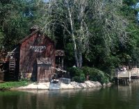 A cabin across the lake on Tom Sayer Island at the Magic Kingdom theme park.